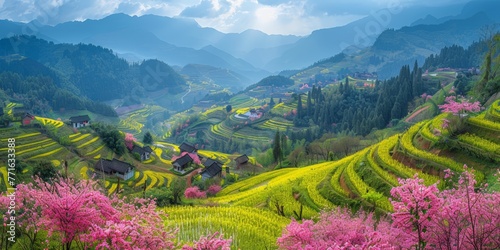 A view of a rice field nestled in the mountains, showcasing the terraced landscape of agriculture in a rural setting