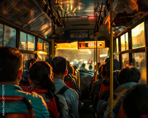 Crowded bus ride at daybreak, faces of the working poor, resilience rides