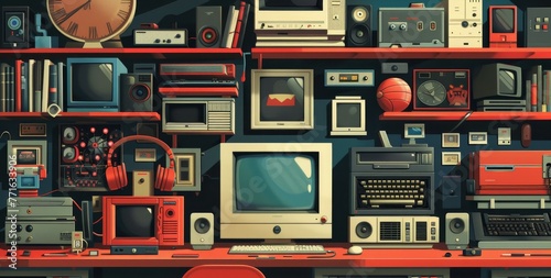 A wall of old electronics and books with a clock on the left side. The wall is red and the items are arranged in a way that makes it look like a library or a computer repair shop