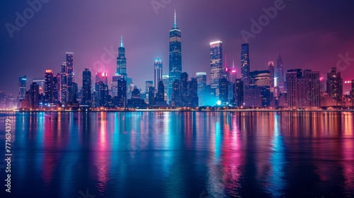 A city skyline is reflected in the water. The city is lit up with neon lights  creating a vibrant and lively atmosphere. The reflection of the city in the water adds a sense of depth