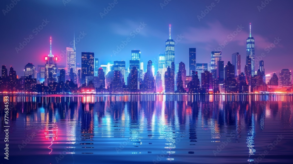 A city skyline is reflected in the water. The city is lit up at night, creating a beautiful and serene atmosphere