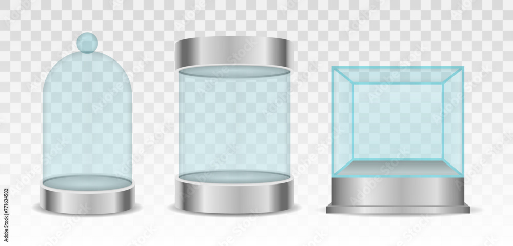 Round empty glass showcase for exhibition with a pedestal. Transparent crystal cube and cylinder empty showcases. Glass box cylinder. Vector illustration, - obrazy, fototapety, plakaty 