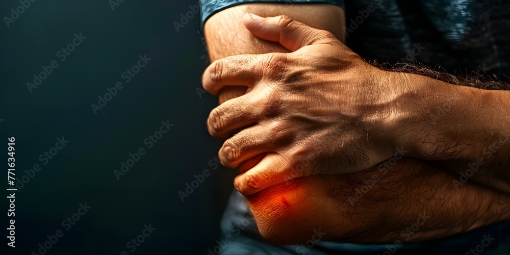 Inflamed lump on mans elbow likely olecranon bursitis from trauma or repetitive strain. Concept Medical condition, Treatment options, Preventive measures, Causes and risk factors