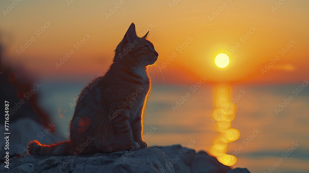 Obraz premium Captivating minimalist portrayal: Cat silhouette, sunset gaze, white backdrop - serene simplicity in art.