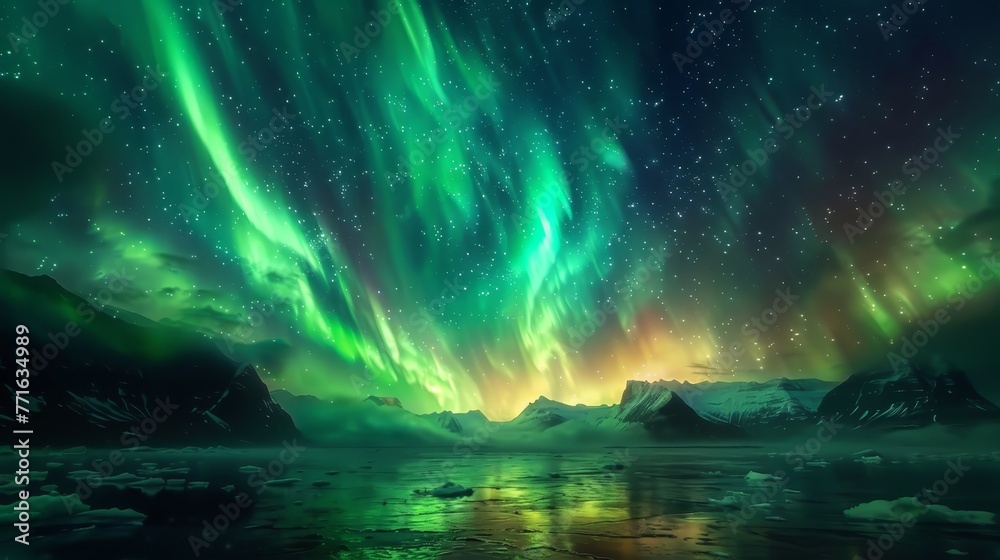 A beautiful green aurora with a blue sky background. The sky is filled with stars and the aurora is glowing brightly