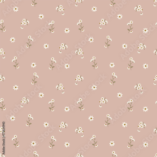Simple Minimalist Chamomile Seamless Pattern. Daisy Pattern on Pastel Pink Background for Baby Clothing, Textile and Nursery decor.
