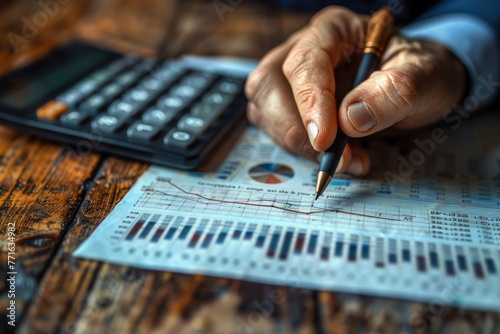 Close-up view of an elderly person analyzing and marking statistical data on financial charts with a pen photo