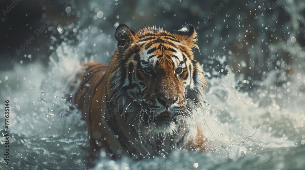 A tiger is swimming in a river with water splashing around it. The tiger is looking directly at the camera, creating a sense of intensity and focus. The scene conveys a feeling of wildness