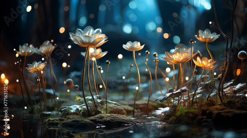 Close up moon flower in the magic night forest. Generative AI fantasy