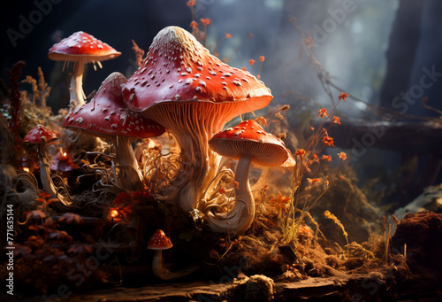 Magic psychedelic mushrooms in the magic fairy forest. Wonder psy woodland Generative AI fantasy