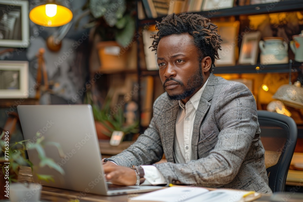 Engaged African man focused on work at his laptop among office plants, depicting dedication