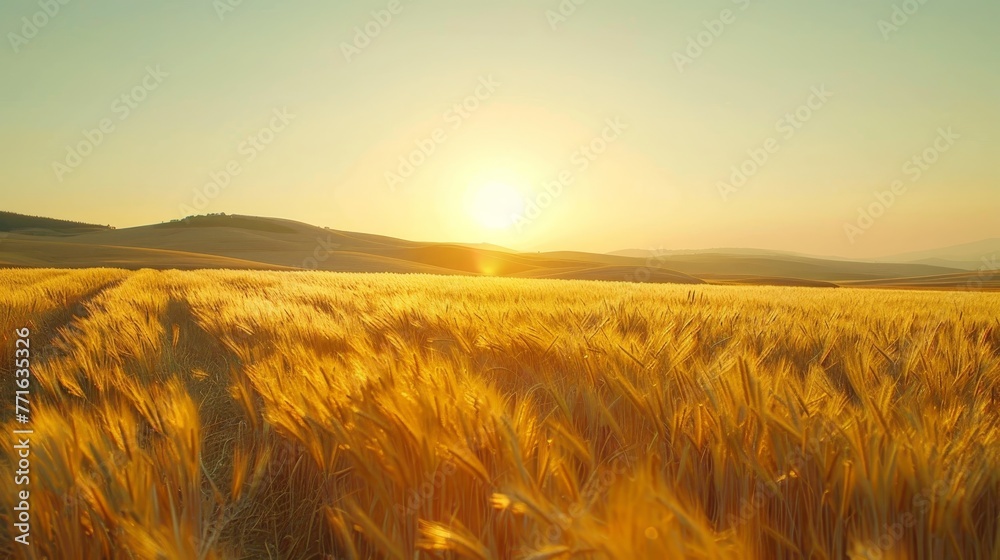 A field of golden wheat with the sun setting in the background. The sun is setting behind the hills, casting a warm glow over the field. The sky is clear and the sun is shining brightly