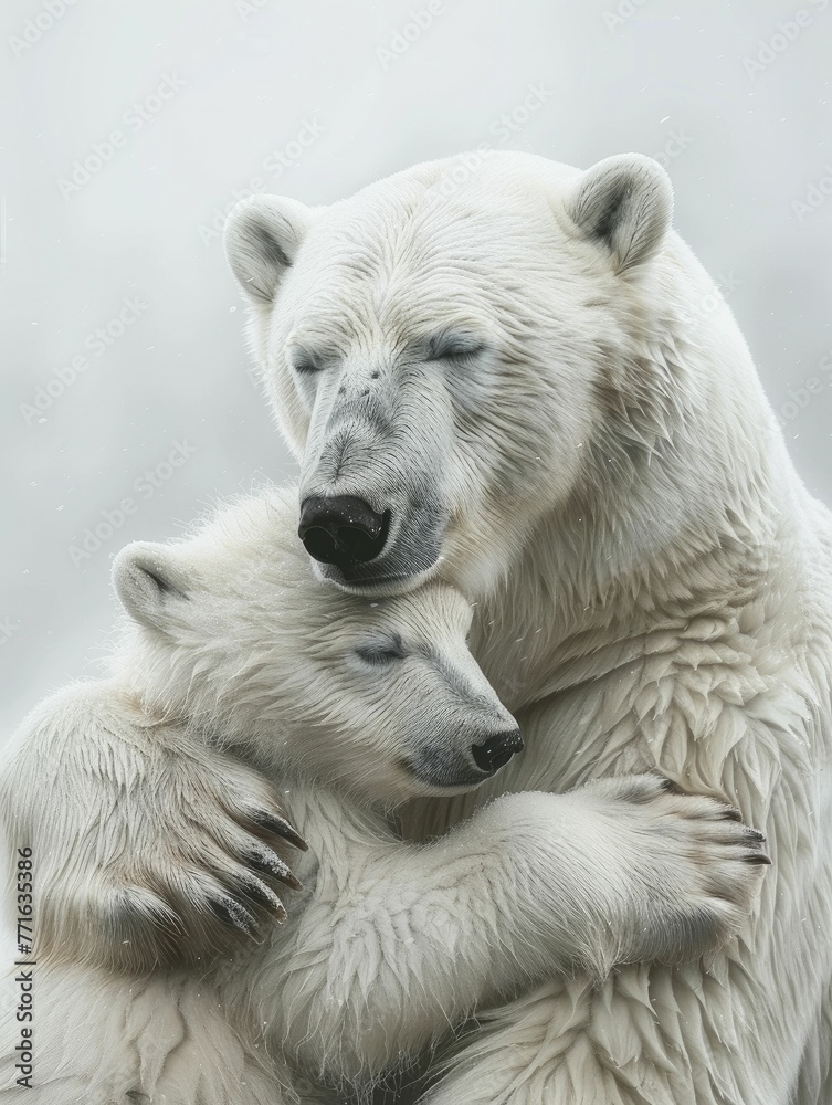 Adorable polar bear cub finds warmth in its mother's embrace, set against a serene white backdrop in a wildlife theme. Adorable polar bear cub finds warmth in its mother's embrace, set against a serene white backdrop in a wildlife theme.