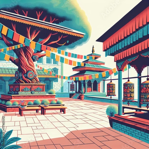 illustration of a peaceful courtyard within a Nepali temple, featuring a Bodhi tree with fluttering prayer flags and colorful prayer wheels.
 photo