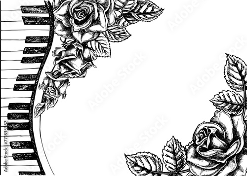 A frame with musical piano keys decorated with roses, a graphic vector black and white illustration for posters, flyers, greeting cards and invitation cards. For posters, banners and postcards.