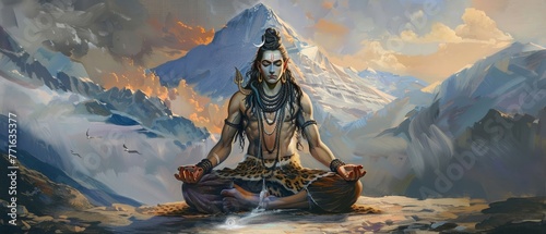 Shiva in meditation on Mount Kailash with the Ganga flowing from his matted hair embodying destruction and renewal