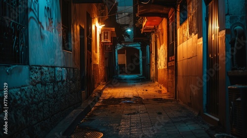 Urban alley at night, shadows of those without homes, unseen stories
