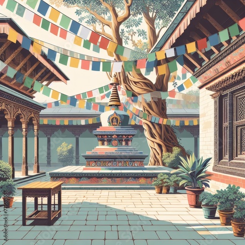 illustration of a peaceful courtyard within a Nepali temple, featuring a Bodhi tree with fluttering prayer flags and colorful prayer wheels.
 photo