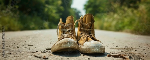 Weathered shoes walking a long road, journey without end, hope persists