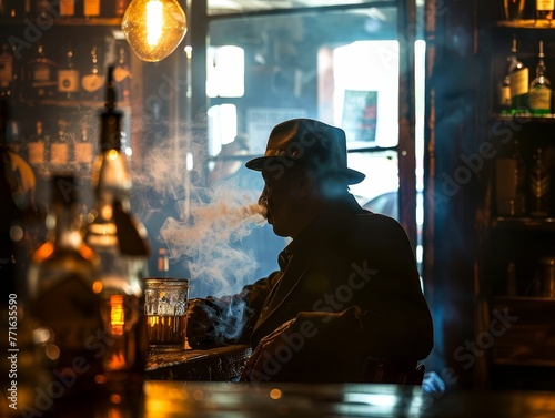 Whispered secrets in a smoky speakeasy, plots thickening photo