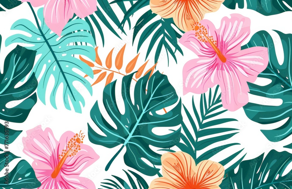 A pattern featuring tropical leaves and flowers set against a white background