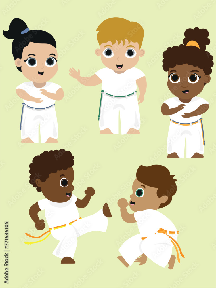 Group of kids playing capoeira, Colorful vector illustration.
