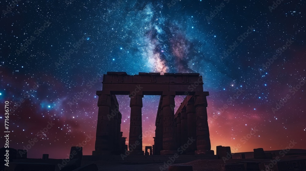 The night sky is filled with stars and a large, glowing moon. The scene ...