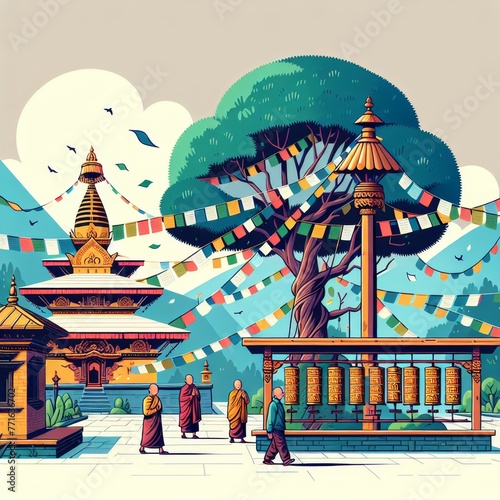 illustration of a peaceful courtyard within a Nepali temple, featuring a Bodhi tree with fluttering prayer flags and colorful prayer wheels.
 photo