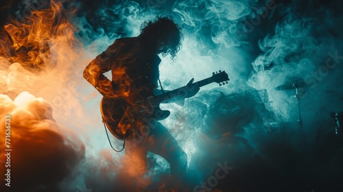 A man playing a guitar in a smoke filled room. The smoke is orange and blue