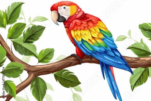 A colorful parrot perched on a tree branch, squawking happily. Illustration On a clear white background 