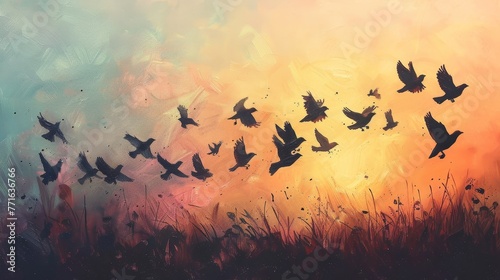 A painting of a flock of birds flying in the sky. The birds are silhouetted against a colorful background  with the sky transitioning from blue to orange. The painting evokes a sense of freedom