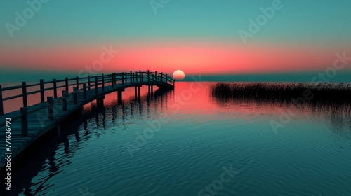 A bridge over a body of water with a sunset in the background. The water is calm and the sky is a beautiful shade of pink