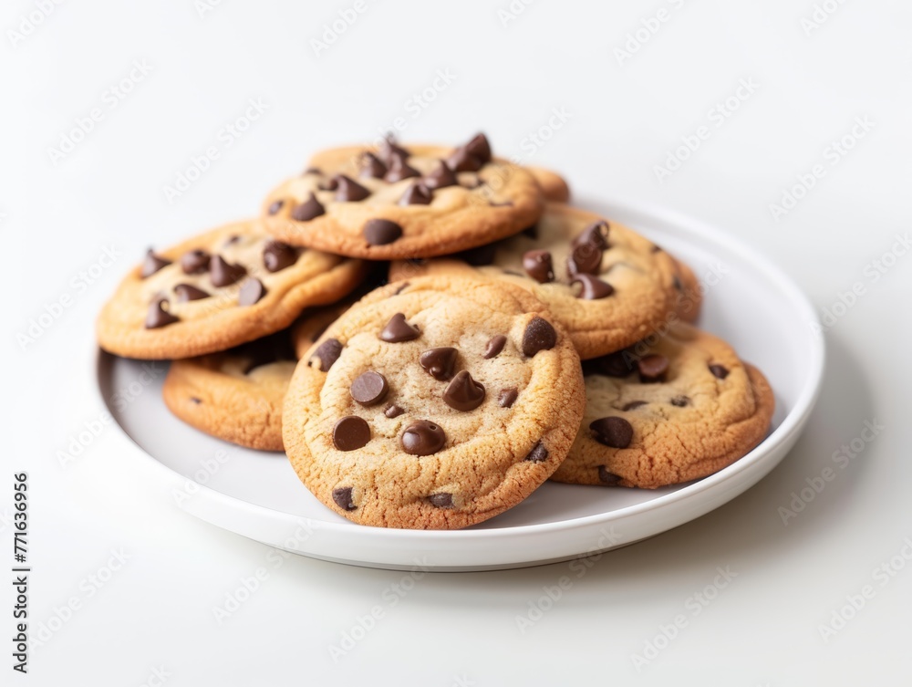 A plate of freshly baked chocolate chip cookies sitting on a clean white table