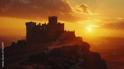 A castle is perched on a rocky hillside, with the sun setting in the background. The castle is old and has a sense of mystery and history. The sky is filled with clouds, creating a moody atmosphere