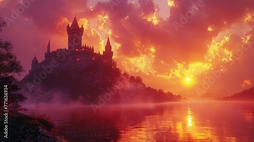 A castle is in the foreground of a beautiful sunset. The castle is surrounded by a body of water, and the sky is filled with clouds. The colors of the sunset are warm and inviting, creating a peaceful
