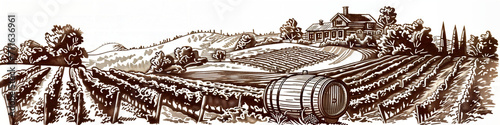 Vineyard Harvest, Classic Wine Labels, Rustic Farm, Traditional Rural Landscape Engraving, in Sepia color, Agricultural Branding, Eco-Tourism, Farm Life, Heritage , Coaster Design, Print, Banner
