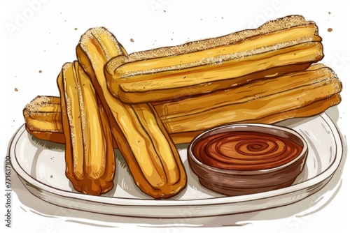 A display of freshly made churros dusted with cinnamon sugar, served with dipping sauces. Illustration On a clear white background --ar 3:2 Job ID: ab25dd18-a9ea-46bf-bbb4-00c55ddc81b3 photo