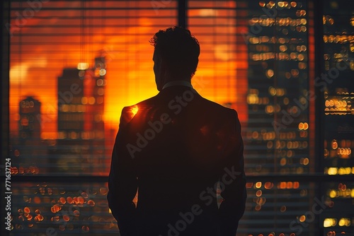 Silhouetted businessman looking over the city at sunset, contemplating and strategic