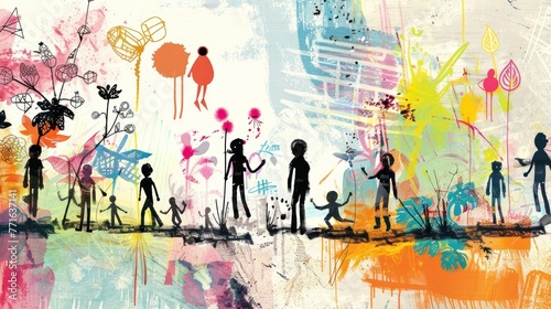 Abstract colorful artwork with silhouette figures resembling people engaging in various activities, set against a vibrant, textured background.
