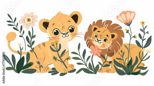 Filhotes de leão e flores da primavera - Ilustração fofa