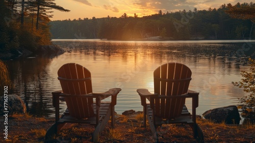 Two Adirondack chairs face serene lake at dawn's golden hour
