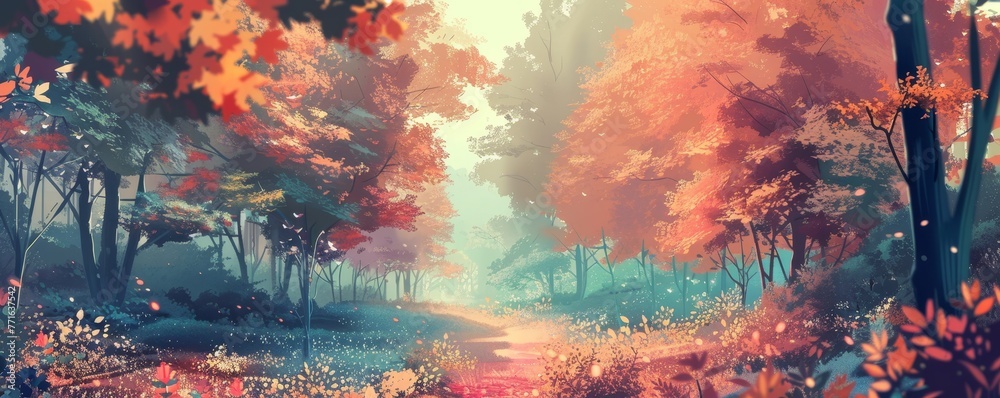 Anime-style illustration of a forest path surrounded by colorful autumn foliage