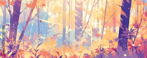 Pastel anime-style illustration of a forest with colorful autumn foliage