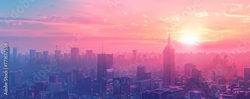 Pastel anime-style illustration of a city skyline at twilight