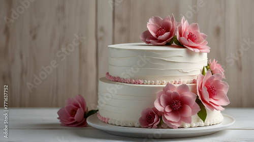 Two Tiered white wedding cake decorated with pink flower .Generative AI