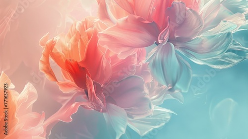 Digital art of multicolored  soft-hued flowers with a dreamy  flowing appearance on a pastel gradient background.