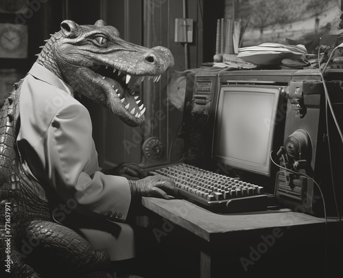 Mr. Сrocodile hacker codes on a vintage computer and laughs. Retro photography from the 50s. Hacking the ancient internet. Generative AI fantasy character