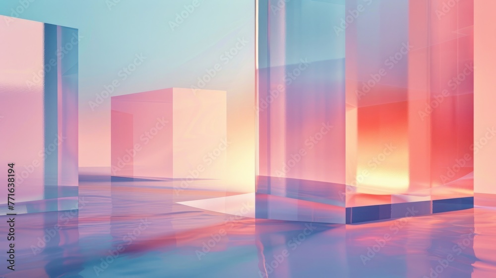 Abstract image of translucent geometric shapes in a pastel-colored environment suggesting a serene, modern digital or artistic concept.