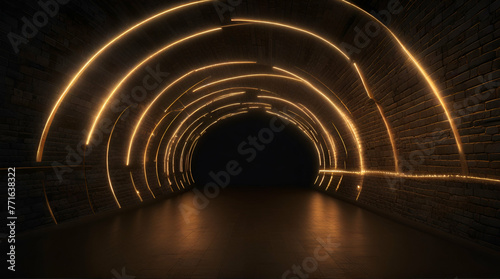 Rounded curve golden line dark tunnel of lights for ecommerce signs retail shopping, advertisement business agency, ads campaign marketing, email newsletter, landing pages, creative header, billboard 