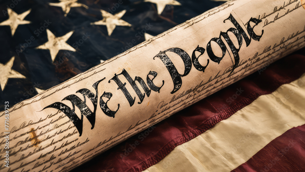 Fototapeta premium Preamble of the United States Constitution on the american flag, Copy-space